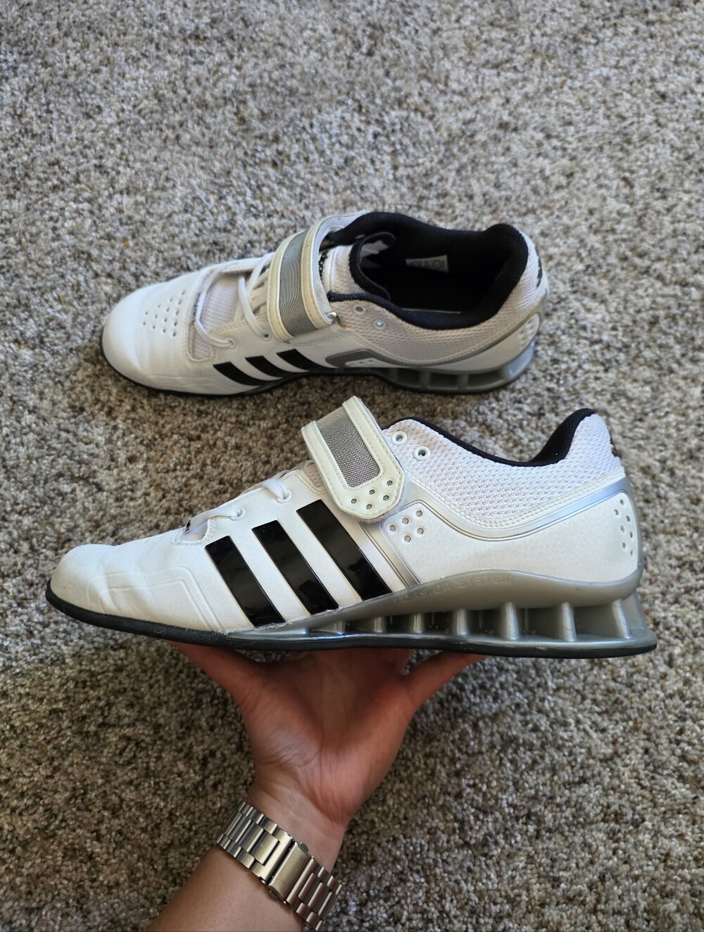 Adidas Adipower White Sneakers with Black Stripes and Silver Midsole